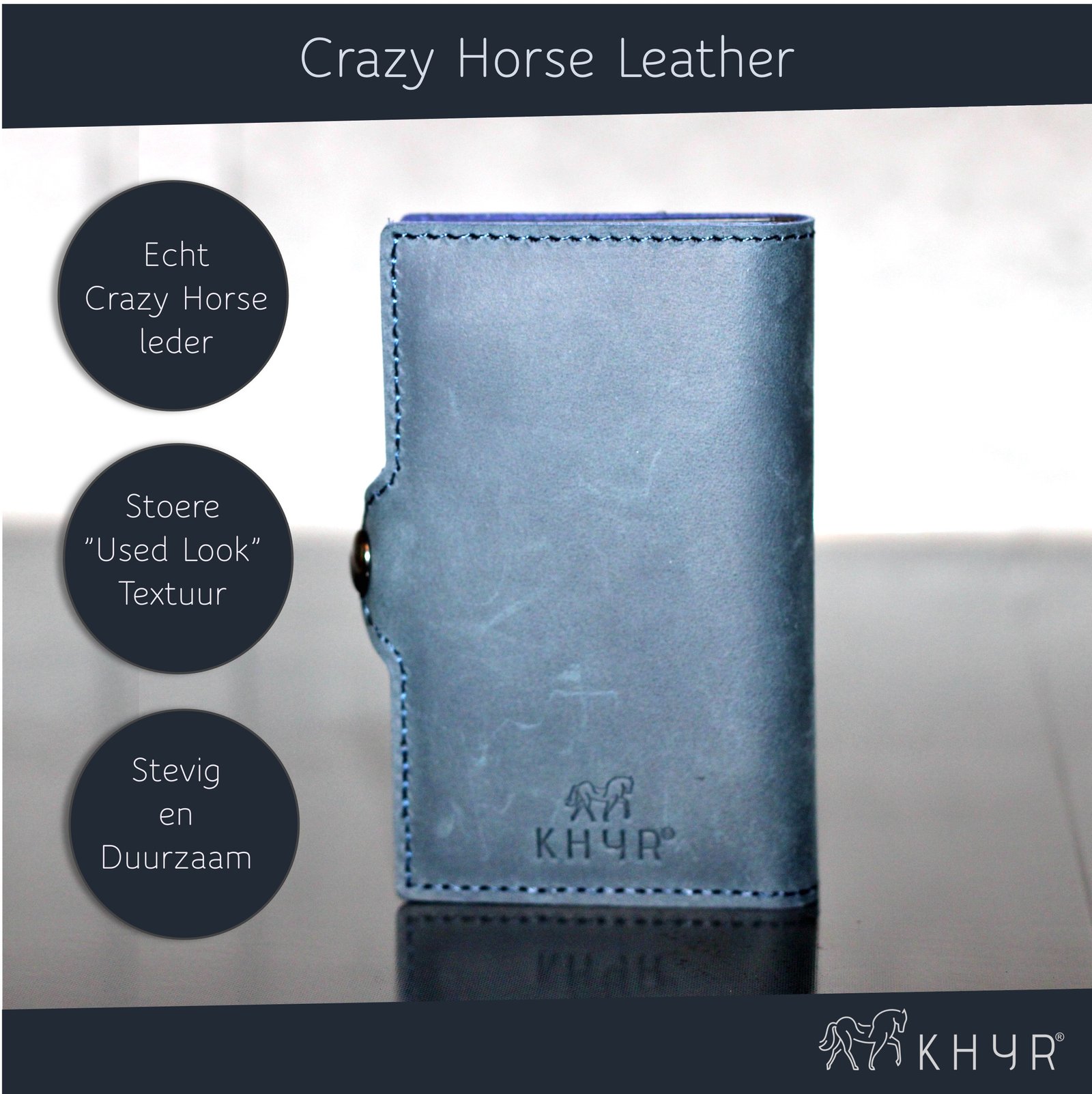 KHYR Aoraki-X Blue - Premium Crazy Horse Leer zonder muntenvak - Blauw - Afbeelding 5